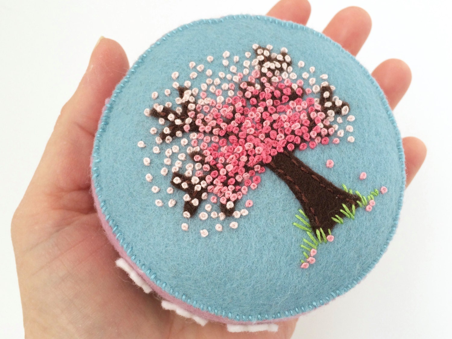 hand embroidered wool felt pincushion with cherry tree