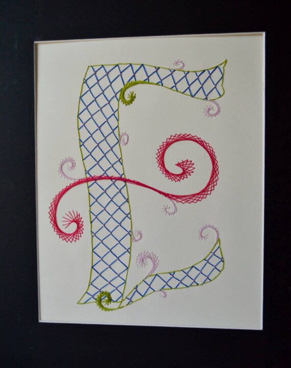 Embroidered letter E. Hand stitched monogram by BarleyCreations