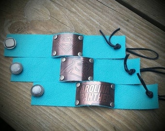 Etched Copper Leather Cuff- Panthers Carolina
