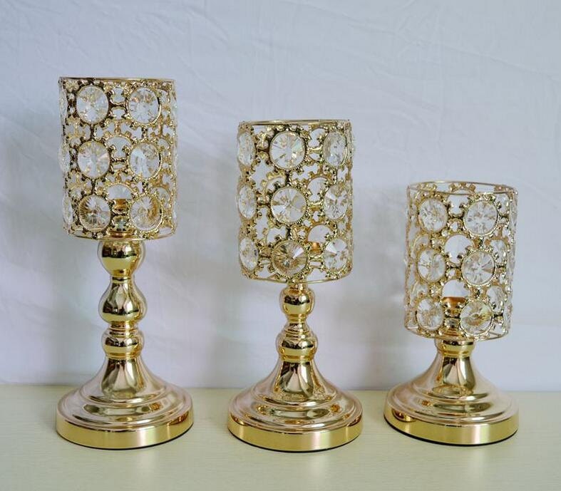 Set of 3 Gold Crystal Candle Holders Metal by FeatherParadise