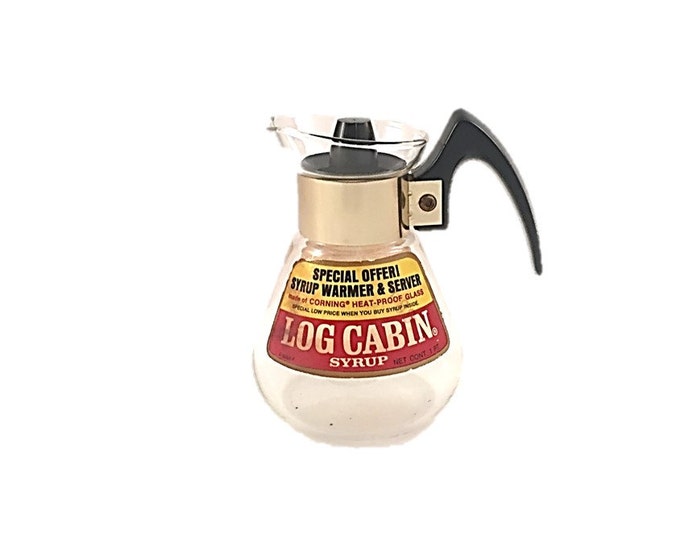 Vintage Log Cabin Syrup Warmer & Server - Corning Glass Pot with Lid - Maple Syrup Server