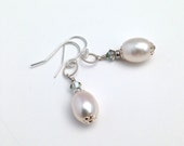 White Pearl Earrings: Crystals, Sterling Silver French Hooks; Freshwater Pearls,  Swarovski Crystals; Elegant Wedding Bridal Jewelry; Women