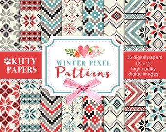 Winter digital paper : "Winter Pixel Patterns" fair isle digital paper, nordic patterns, norwegian winter patterns, christmas digital paper
