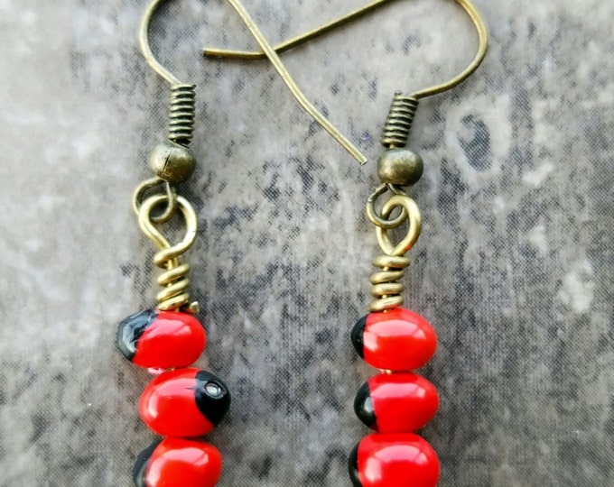 huayruro earrings, Huayruro tribal earrings, Bolivian seed earrings, huayruro jewelry, lucky earrings, protective earrings