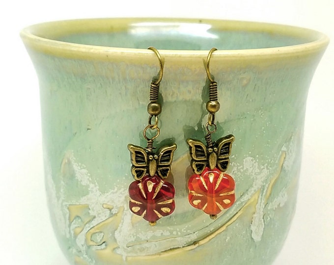 Red flower and butterfly earrings, brass butterfly earrings, Dark red flower earrings, red and brass earrings, butterfly earrings