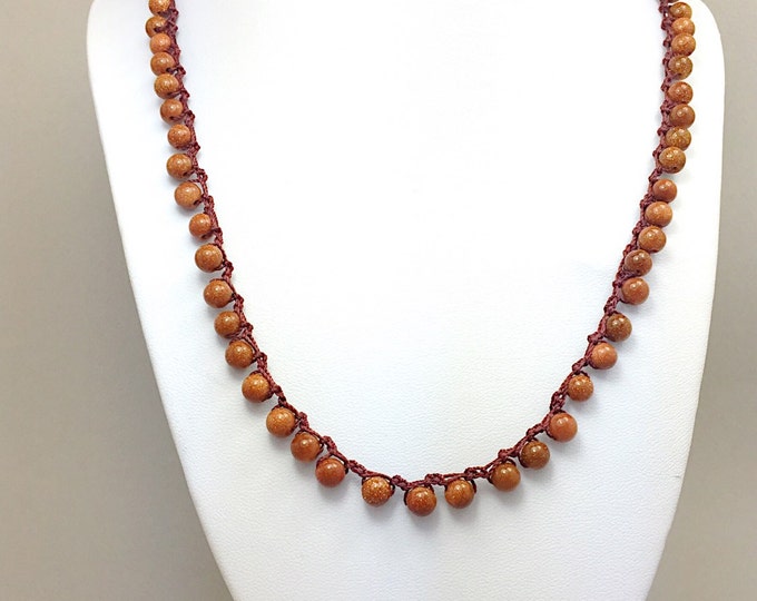 Brown goldstone knotted necklace, goldstone necklace, knotted necklace, brown knotted goldstone jewelry
