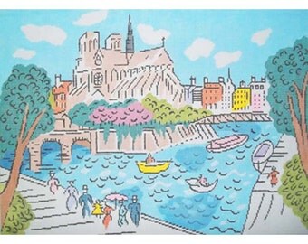 NOTRE DAME de PARIS Hand Painted Needlepoint Canvas by Sally Corey Designs, 15"X20.5" on 13-mesh, also available on 18, free s&h to the U.S.