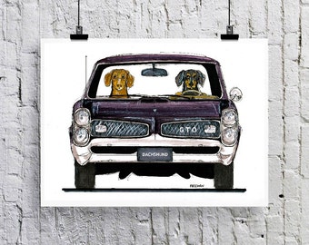 Dachshund Pontiac GTO Greetings card / Art print