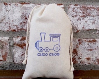 Train Choo Choo Hand Stamped Cotton Muslin 4x6 Favor Bag - Great for Kid's Birthday Parties or Baby Showers