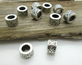 Patterned Silver Large Hole Spacer Bead, Big Hole Bead, 8x5mm (10)