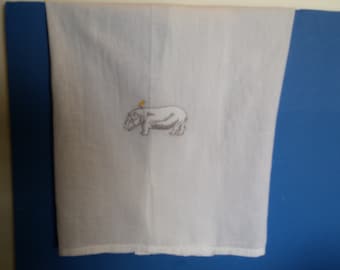 Embroidered Flour Sack Kitchen Towel with Hippo and Yellow Bird