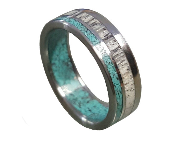 Titanium Ring with Deer Antler and Turquoise Inlays