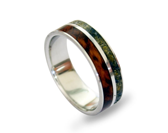 Titanium mens ring with snakewood and amber inlay