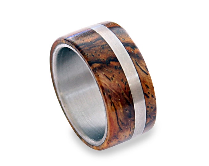 Titanium Mens Ring, Off-Center Titanium Ring With Cocobolo Wood Inlays