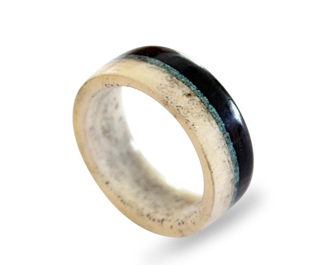 Antler men ring with ebony wood and turquoise inlays