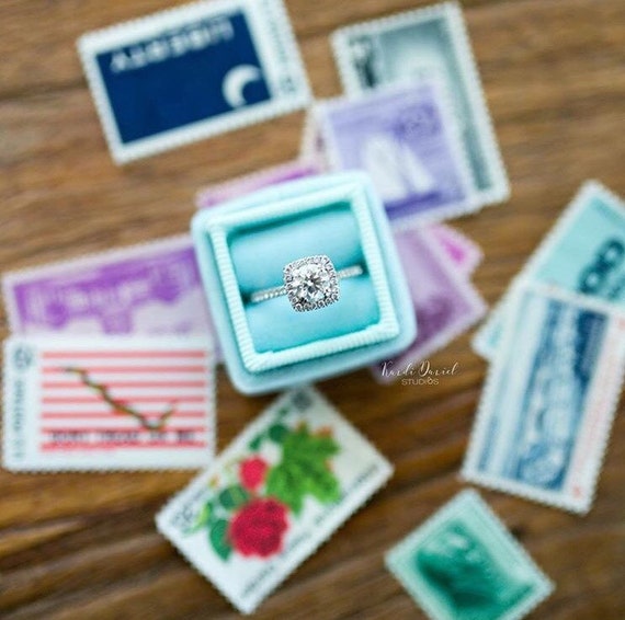 Ring Box in Vintage Blue Velvet Light Blue Grosgrain Ribbon Etsy