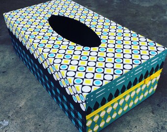Wooden tissue box, napkin storage box, cleanex storage box, mint, yellow and black, decoupage box, kitchen accessories, home decor, gift