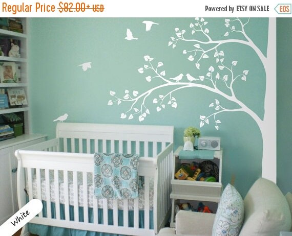 SALE White Tree Wall Decal Huge Corner Tree with Leaves and Birds ...