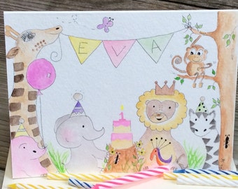 Safari/Zoo First Birthday card; Customized Banner card; New baby/Adoption/Baby shower card. Watercolor. Nursery Art. Jungle. Personalized