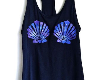 Mermaid Tank Top • Women's Clothing • Galaxy Print Clamshell Bra • Mermaid Festival Hipster Style « n1533black«« (basic, nl tank) «