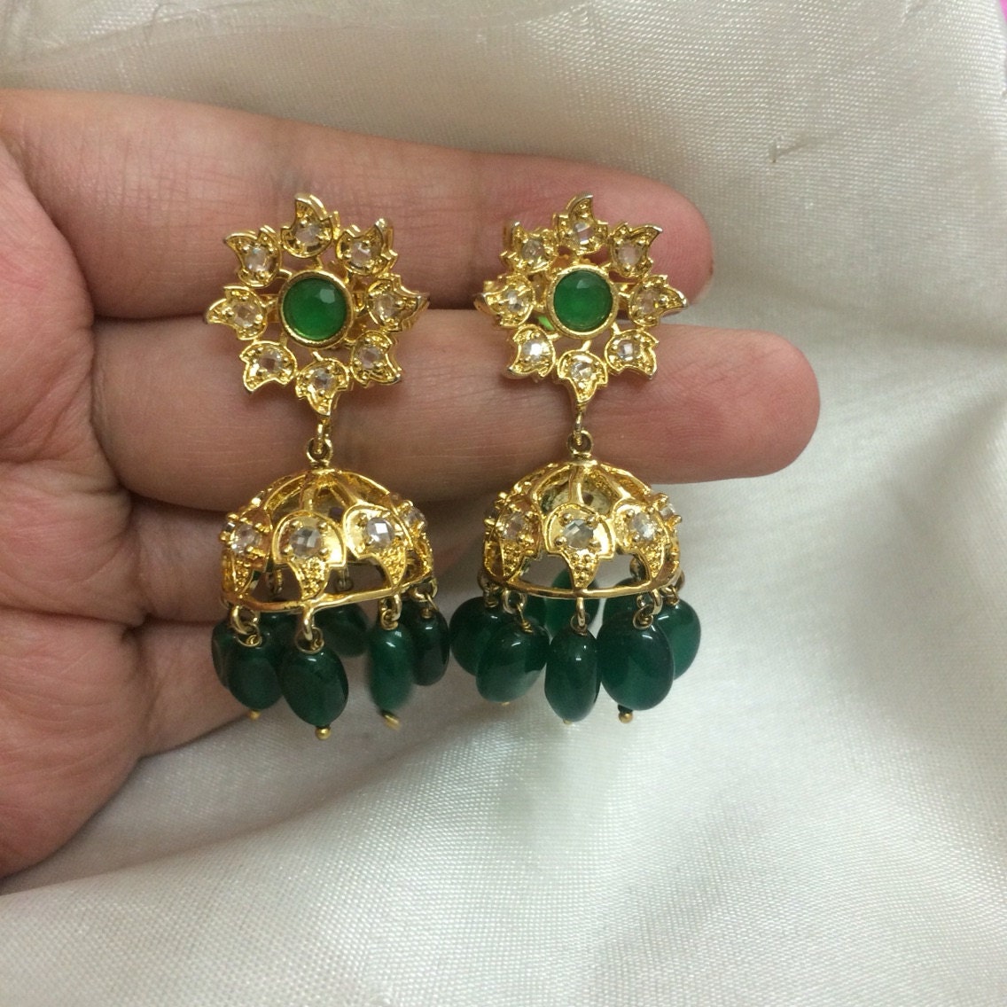 Green Karanphool Indian Earrings Bollywood Jewelry by MahrukhD