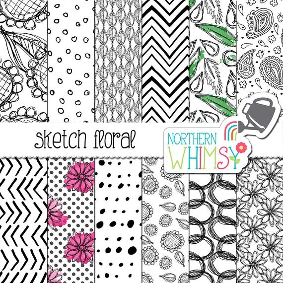 Download Floral Digital Paper black and white doodle flower seamless