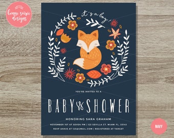 Fox Baby Shower Invitation Printable// 5x7 Boy or Girl Floral Whimsical Fox Invite - Baby Fox Baby Shower Invitation woodland Winter Shower
