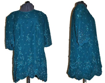 1980's Green Beaded Blouse by Frank Usher Medium Vintage Beaded Top