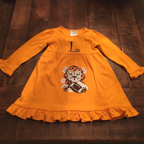 Girls Dress with Baby Tiger Applique and Monogram Auburn