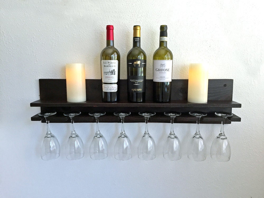 Wall Wine Glass Rack With Shelf Wood Wine by AdliteCreations
