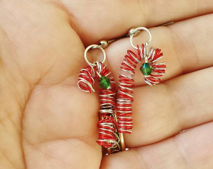 Christmas Earrings ~ Tiny Candy Canes made of Red & Silver Wire ~ Lovely Stocking Stuffer, Gift for BFF, Teacher, Office Exchange, Party