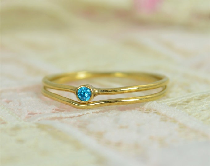 Tiny Blue Topaz Ring Set, Solid 14k Gold Wedding Set, Stacking Ring, Solid 14k Gold Ring, December Birthstone, Bridal Set, Blue Topaz Ring