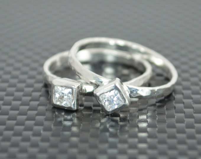 Square CZ Diamond Ring, Diamond Solitaire, Diamond Silver Ring, April Birthstone Ring, Square Stone Mothers Ring, Square Stone Ring