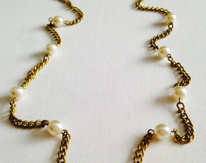 Storewide 25% Off SALE Vintage Gold Tone Chain Link Faux Pearl Beaded Designer Necklace Featuring Mid Century Style Design