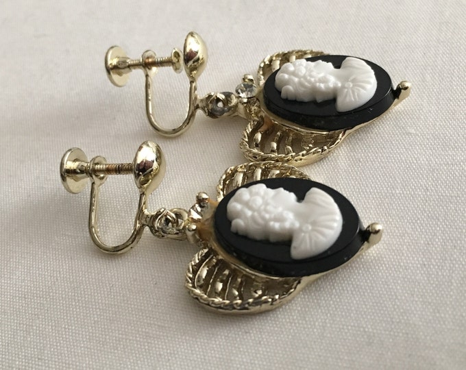 Storewide 25% Off SALE Vintage Gold Tone Black & White Designer Cameo French Post Earrings Featuring Filigree Style Finish