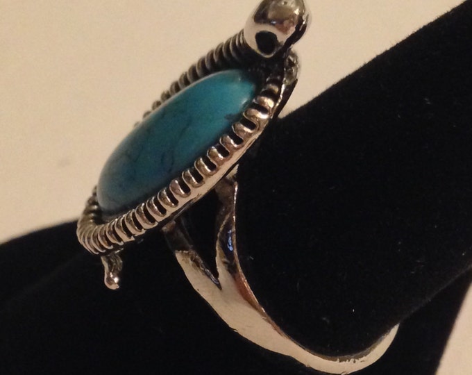 Storewide 25% Off SALE Vintage Silver Tone Oversized Oval Turquoise Designer Cocktail Ring Featuring Unique Circling Serpent Snake Garland T