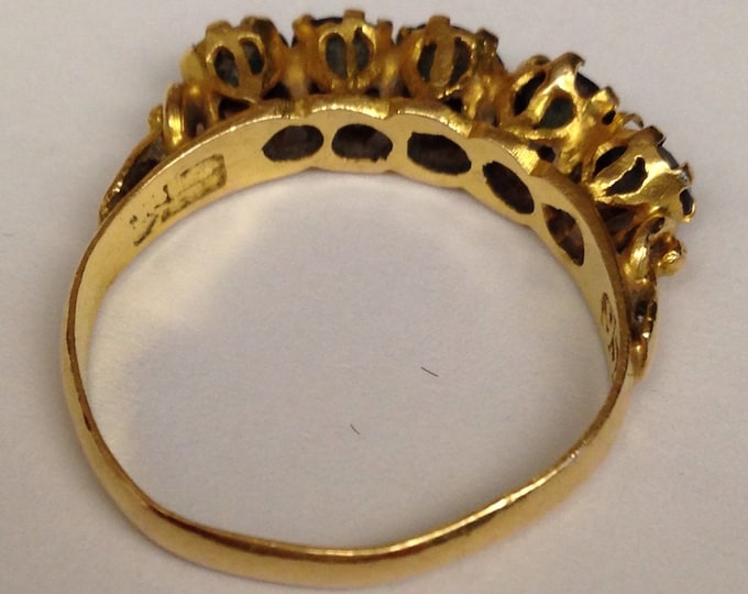 Storewide 25% Off SALE Vintage 22k Yellow Western Gold Prong Set Faceted Dark Blue Gemstone Designer Ring Featuring Elegant Channel Set Desi