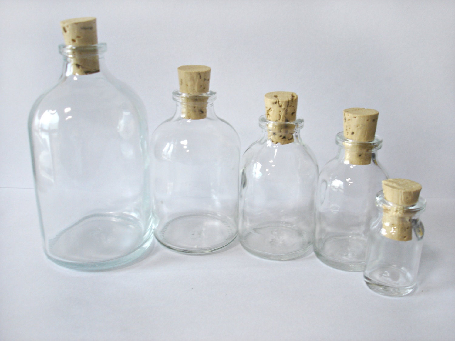 Clear Glass Bottle Set with Corks 5 sizes included Lab