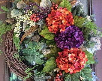 Autumn Wreath, Fall Wreath, Front Door Wreath, Grapevine Wreath, Hydrangea Wreath, Elegant Wreath
