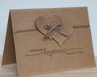 Hearts Wedding Card. Rustic Wedding Card. Handmade Kraft Wedding Card. Primitive Wedding Card. Wishing you happiness today & always.