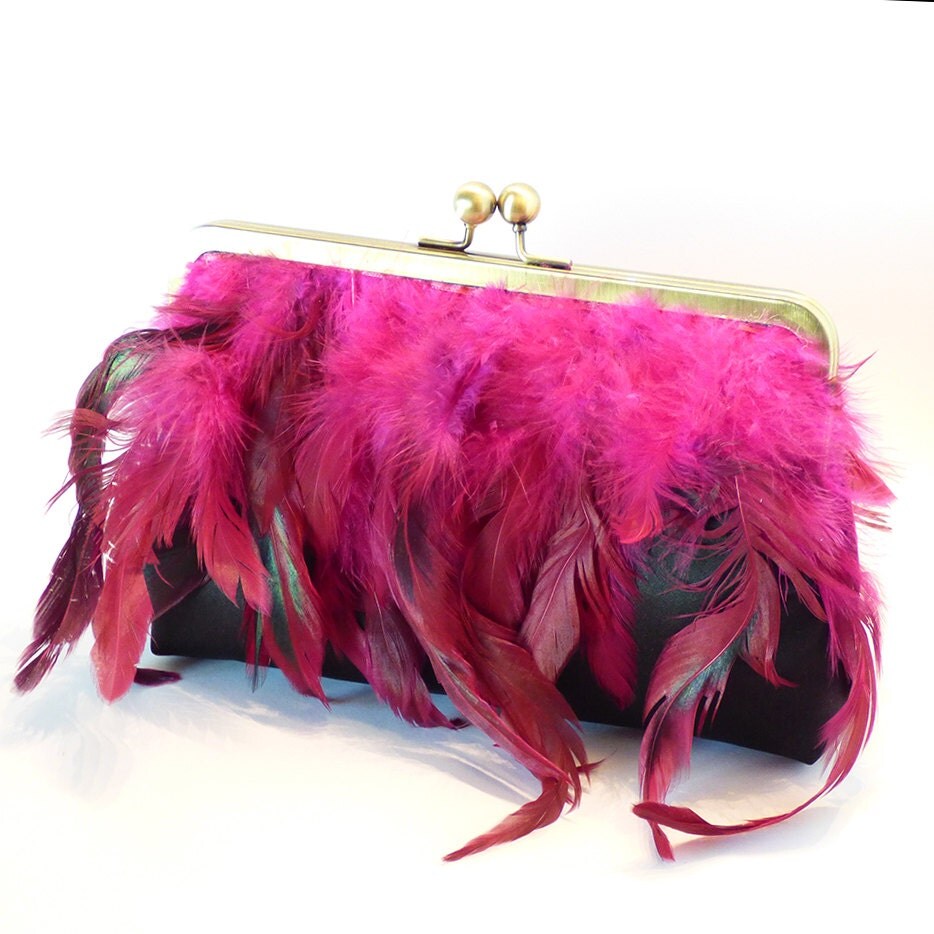 Feather Clutch bag Black Silk Satin purse with pink feather