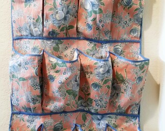 Vintage Fabric Door Wall Storage Hanger Organizer Handmade Bath and Beauty or Childs Shoe Toy Doll 1940s 50s