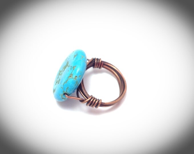 Large copper button wire wrapped ring - Turquoise