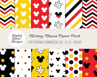 INSTANT DOWNLOAD - 12 Mickey Mouse Digital Papers / Scrapbooking, Crafts, Invitations, Digital Scrapbooking for Commercial & Personal Use