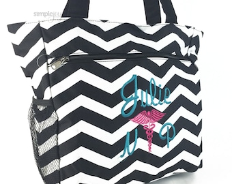 Many Colors! Nurse Bag, Nurse Tote Bag, Monogrammed Multi-Purpose Gray Chevron Tote Bag, Nursing Caduceus symbol, Nurses Gifts, Work Bag