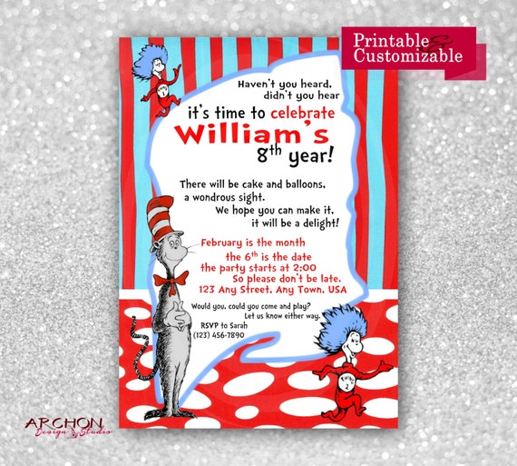Cat in the Hat Birthday Party Invitation Dr. Seuss Party