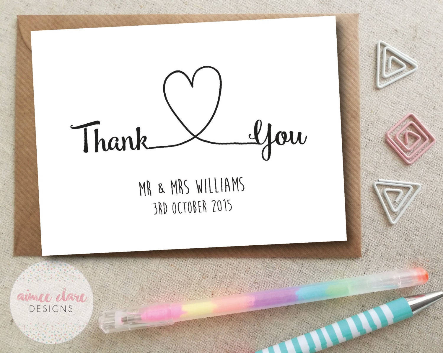 Personalised Thank You Wedding Cards Pack of 10