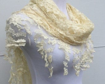 Ivory Fringe Scarf, Cream Scarf, Wedding Shawl, Country Bride Shawl, Wife Gift, Lace Scarf, Bridal Wrap, Ivory Bride Scarf, Lace Wrap