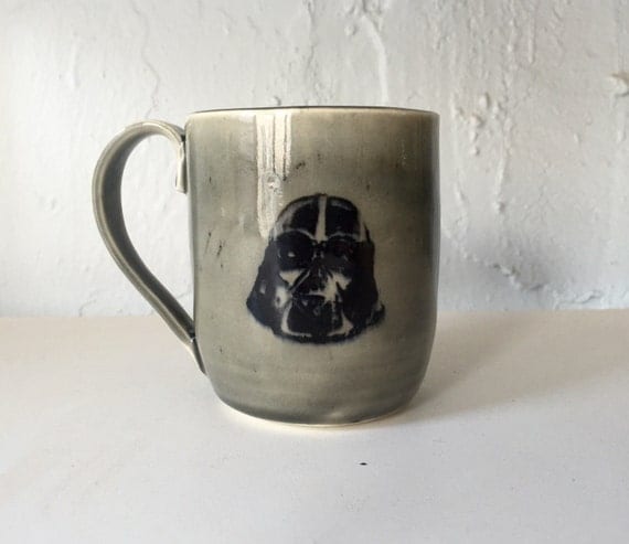 Handmade grey ceramic darth vader themed mug