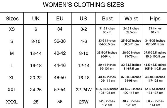 Womens clothing size chart in cm